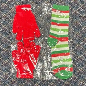 New festive Red and Green Striped Socks and Gloves Set